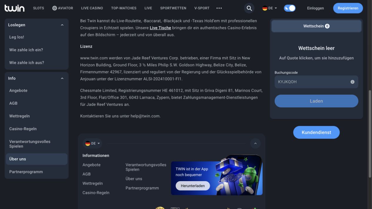 Unterer Abschnitt der deutschen Twin-Seite Über uns mit Lizenztext, Seitenmenü, leerem Wettschein und App-Hinweis im Fußbereich.