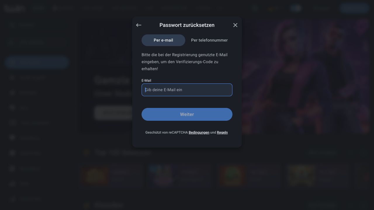 Fenster zum Zurücksetzen des Twin-Passworts mit leerem E-Mail-Feld und einer Auswahl für die Telefonnummer.