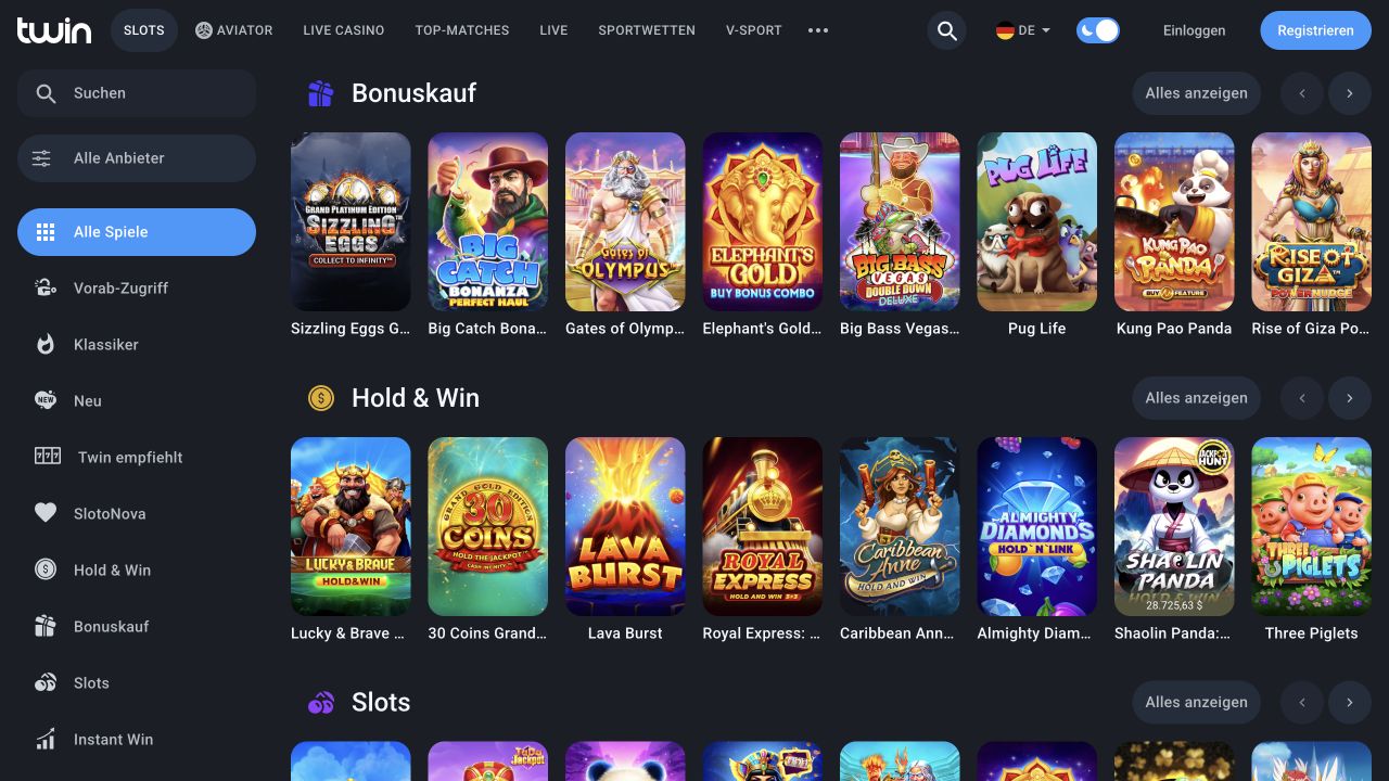 Desktopansicht des deutschen Twin-Spielekatalogs mit den Bereichen Bonuskauf und Hold & Win sowie der linken Navigation.
