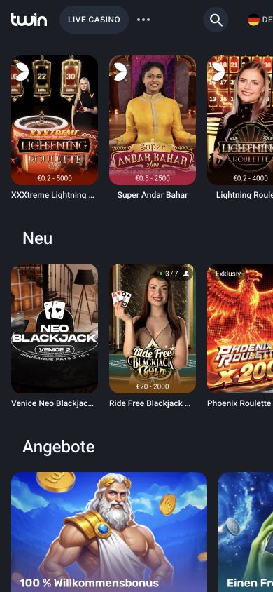 Mobile Twin-Website mit Live-Casino-Spielkarten und einem darunter sichtbaren Angebotsbereich.